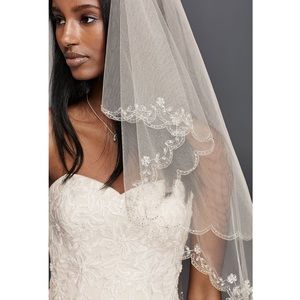 Beaded Floral Two Tier Layered Scallop Edge Fingertip Length Veil Ivory